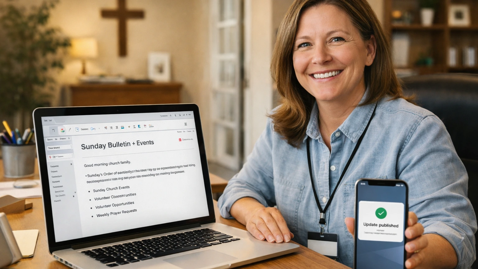 A pastor emailing Sunday updates while the church app content is updated by the tech team
